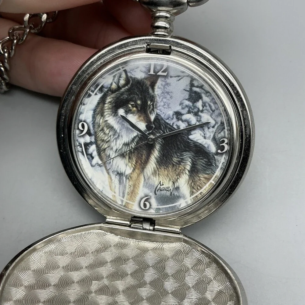 Al Agnew Pocket Watch Men 46mm Silver Tone Wolf Full Hunter Chain New Battery